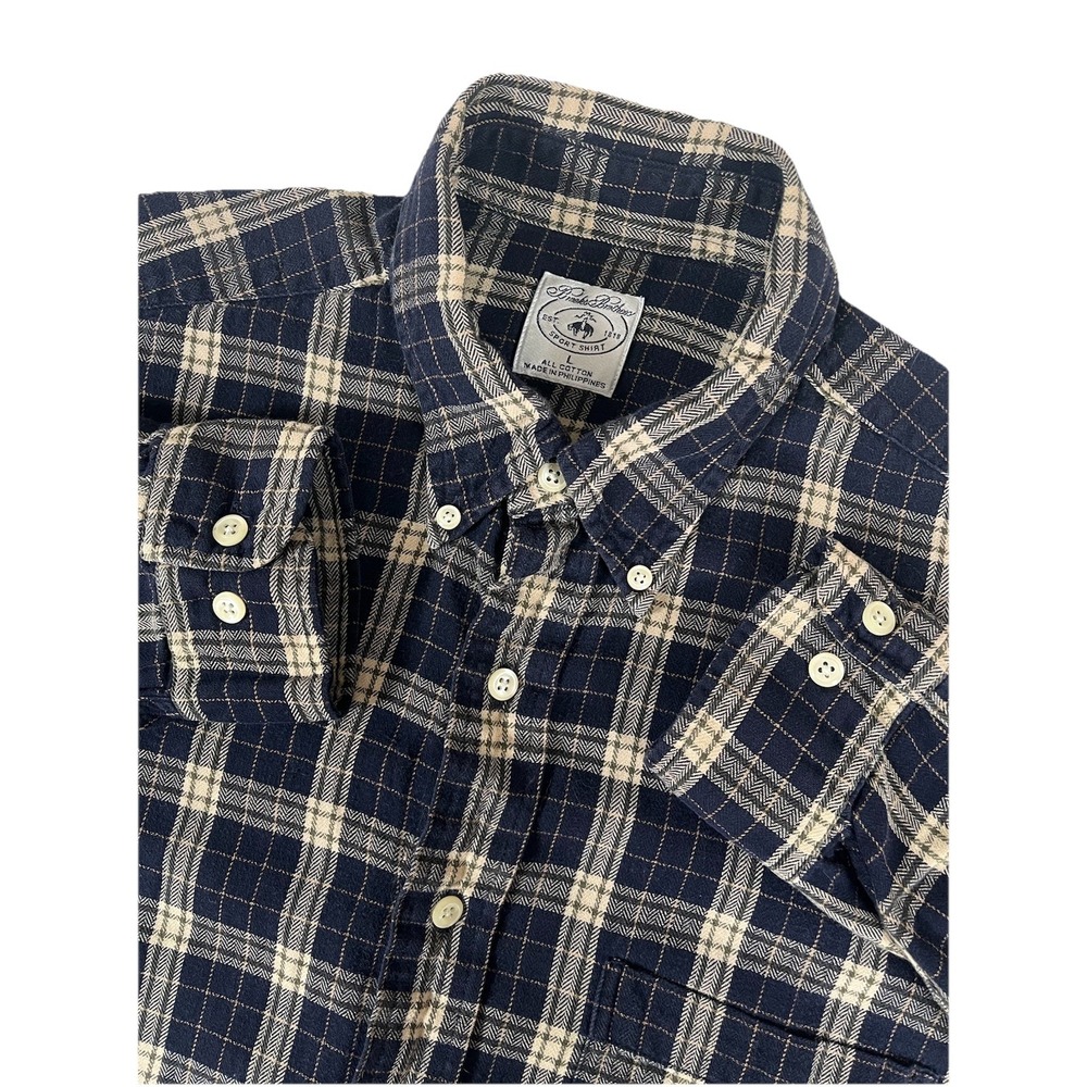 Brooks Brothers Sport Shirt Navy Blue Beige Plaid Flannel Button Up Men's L